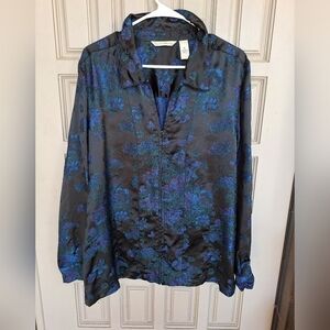 VTG French Laundry Top SzXL Full Zip Collar/Cuffs Satin Blu/Pink  Floral/Black